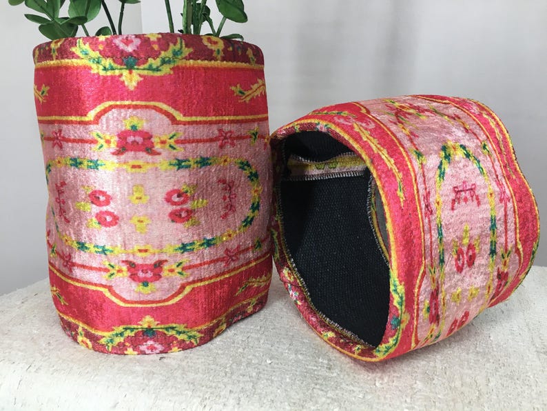 Hot Pink Floral Border Fabric Pot | Boho Desk Organizer Basket image 12