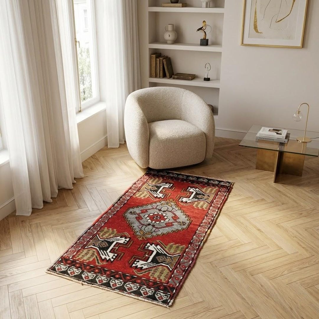 Library Rug Vintage Vintage Red Organic Wool Rug for Library | Handwoven Decor, 1.6x3.2 Ft ...