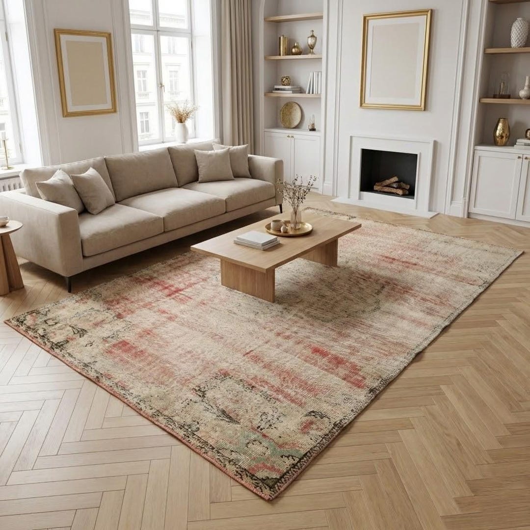 くすみピンク　188×91cm ボタニカル　Turkish Rug トルコラグ Salmon Pink Turkish Rug, Muted Sage Green Accents Wool Carpet