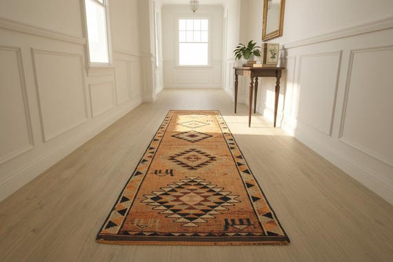 ヴィンテージ ウーシャク ラグ、イラスト入りラグ、レトロ ラグ、玄関