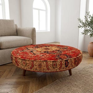 Boho Red Tribal Motif Ottoman | Large Ethnic Upholstered Cocktail Seat