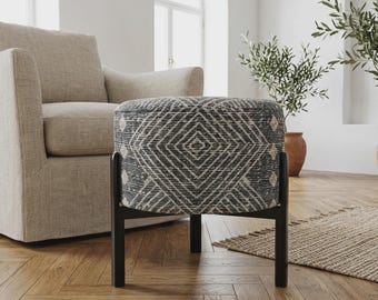 Gray Distressed Diamond Round Ottoman | Contemporary Black Base Pouf