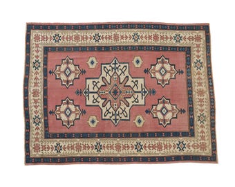 handmade pink rug, stair steps rug, handknotted rug, grid rug, oushak rug, turkish wool rug, pretty rug, 6.2x7.5 ft, vintage rug, DC 4463