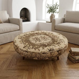 Pouf beige con motivo cioccolato / Grande poggiapiedi rotondo stampato