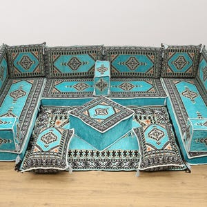 Sièges ottomans au sol, Canapé de sol traditionnel, Ensemble de sol en U, Sofa sectionnel au sol, Canapé à motif kilim, Sièges Majlis, Canapé arabe