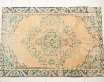 pastoral rug, orange handmade rug, ethnic rug, turkish vintage rug, bohemian area rug, 5.6 x 8.2 ft, rug with blue, oushak rug, DC 1089