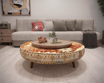 Okrągły tapicerowany stolik kawowy: Dywan z nadrukiem, otomana, drewniana ławka środkowa