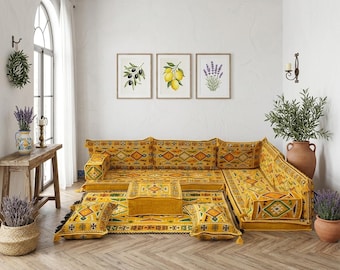 Mustard Yellow Floor Sofa | Bohemian Arabic Majlis Corner Seating Set