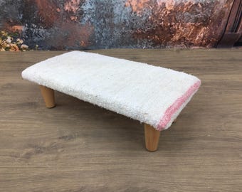 Neutral kilim step stool, Handmade wooden step stool, Minimalist step stool, Cream turkish rug step stool, Rustic decor footstool, DC AB 102