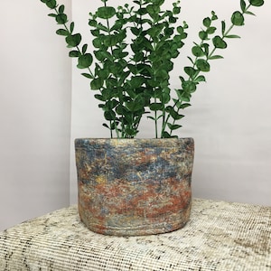 May include: A potted plant with green leaves in a colorful, textured ceramic planter. The planter has a blue, orange, and brown color scheme.