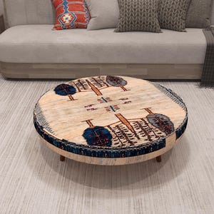 Centre de table tribal fait main | Pouf tapis beige bleu à motif d'arbre