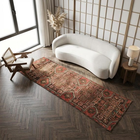 Terracotta Runner Rug, Dark Brown Turkish Wool Carpet, Large Tribal Hallway Floor Art, 3.3x9.5 ft, DC 7625