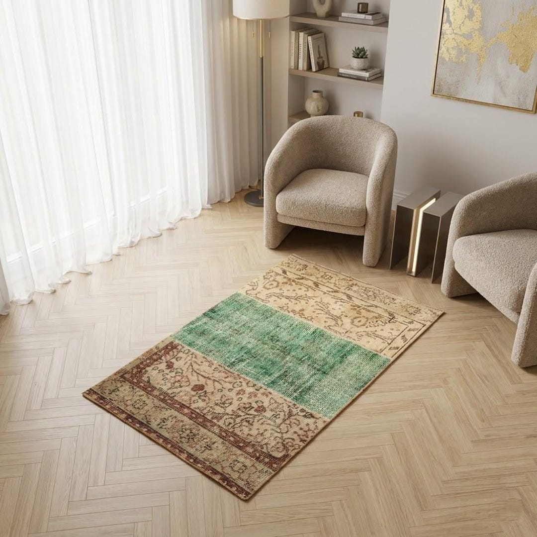 Rocky Earthy Rug Earthy Vintage Rug With Green Center | Organic Patchwork Mat, 2x3 Ft ...