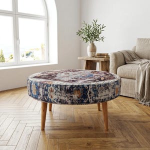 Vintage Blue Rust Round Ottoman | Large Eclectic Upholstered Lounge Seat
