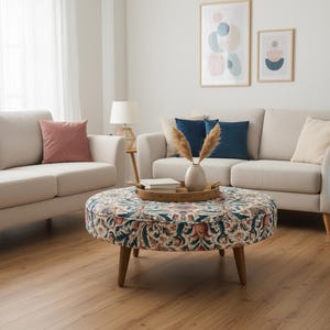 Tavolino rotondo, Tavolino centrale circolare, Panca pouf fatta a mano, Pouf boho chic, Tavolino floreale, Tavolo da colazione, DCY 777