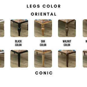 May include: Five different leg colors for a stool with a conic leg shape. The colors are white, black, oak, walnut, and nut brown. The stool is shown with an oriental patterned fabric top.