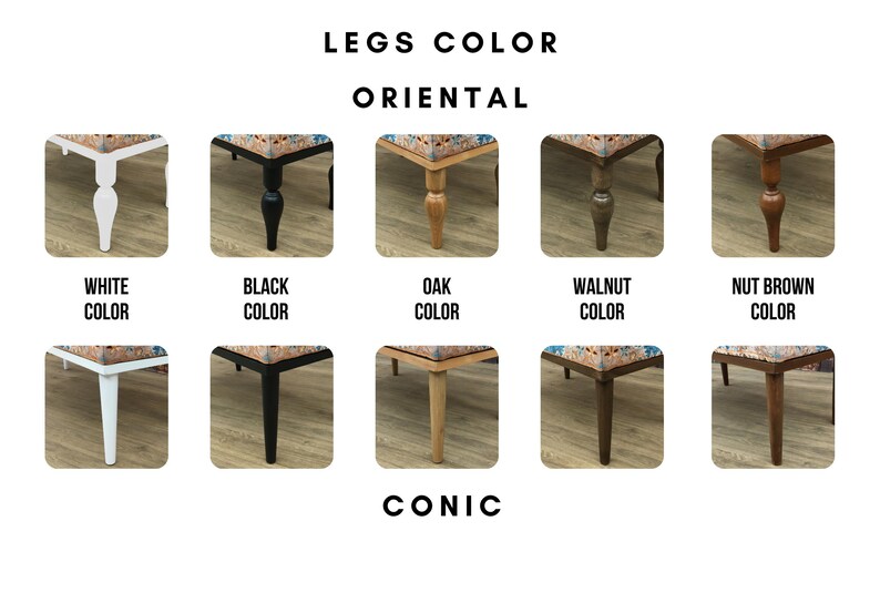 May include: Five different leg colors for a stool with a conic leg shape. The colors are white, black, oak, walnut, and nut brown. The stool is shown with an oriental patterned fabric top.
