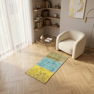 Alfombra vintage color aguamarina mostaza / Pieza decorativa bohemia de lana tejida a mano, 1,5 x 3 pies, DC 8351