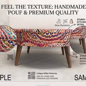 a colorful bench with a description of the features