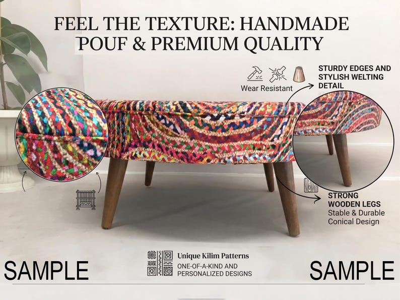 a colorful bench with a description of the features