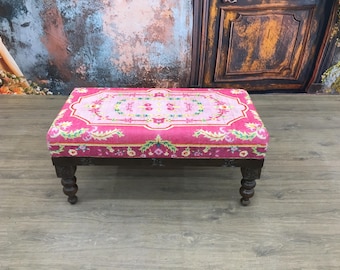 Pop pink bench, Royal furniture, Bordered bench, Hand carved pouf, Floral decor, Glamory chair, Make up seat, Ottoman pouf stool, Boho bench