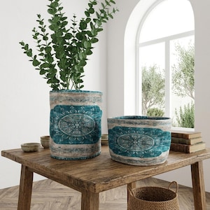Turquoise Vintage Mandala Fabric Basket | Boho Planter Cover Organizer Set DCs 4438