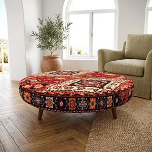 Pouf rond Kilim rouge | Table basse rembourrée de style turc traditionnel