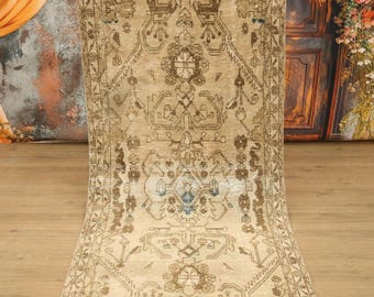 beige vintage rug, oriental rug, organic wool rug, antique used rug, handknotted rug, 3.4x8.7 ft, new house gift, primitive rug, DC 7238
