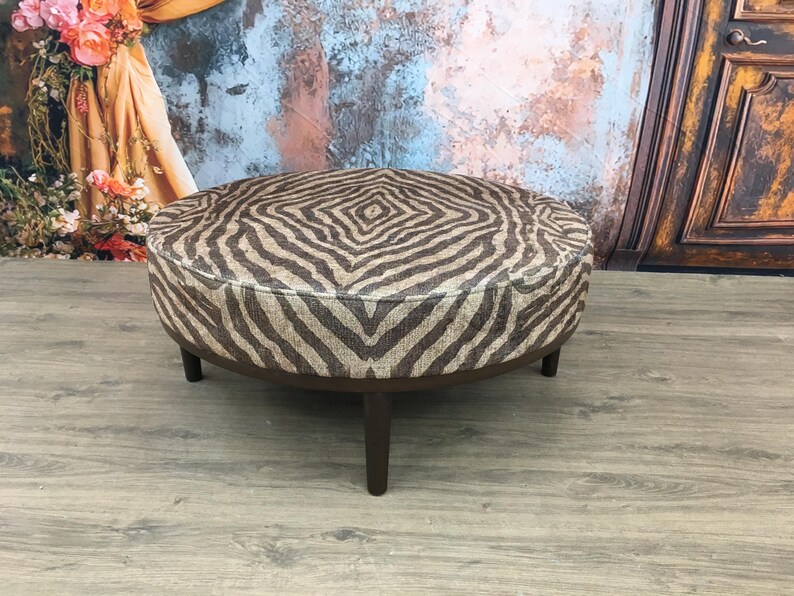 Modern mid table, Round floor table, Ottoman coffee table, Brown zebra bench, Handmade furniture, Stylish saloon decor, Chic table, DCY 765