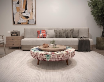 Lounge Round Coffee Table, Upholstered Kilim Ottoman, Living Room Bench