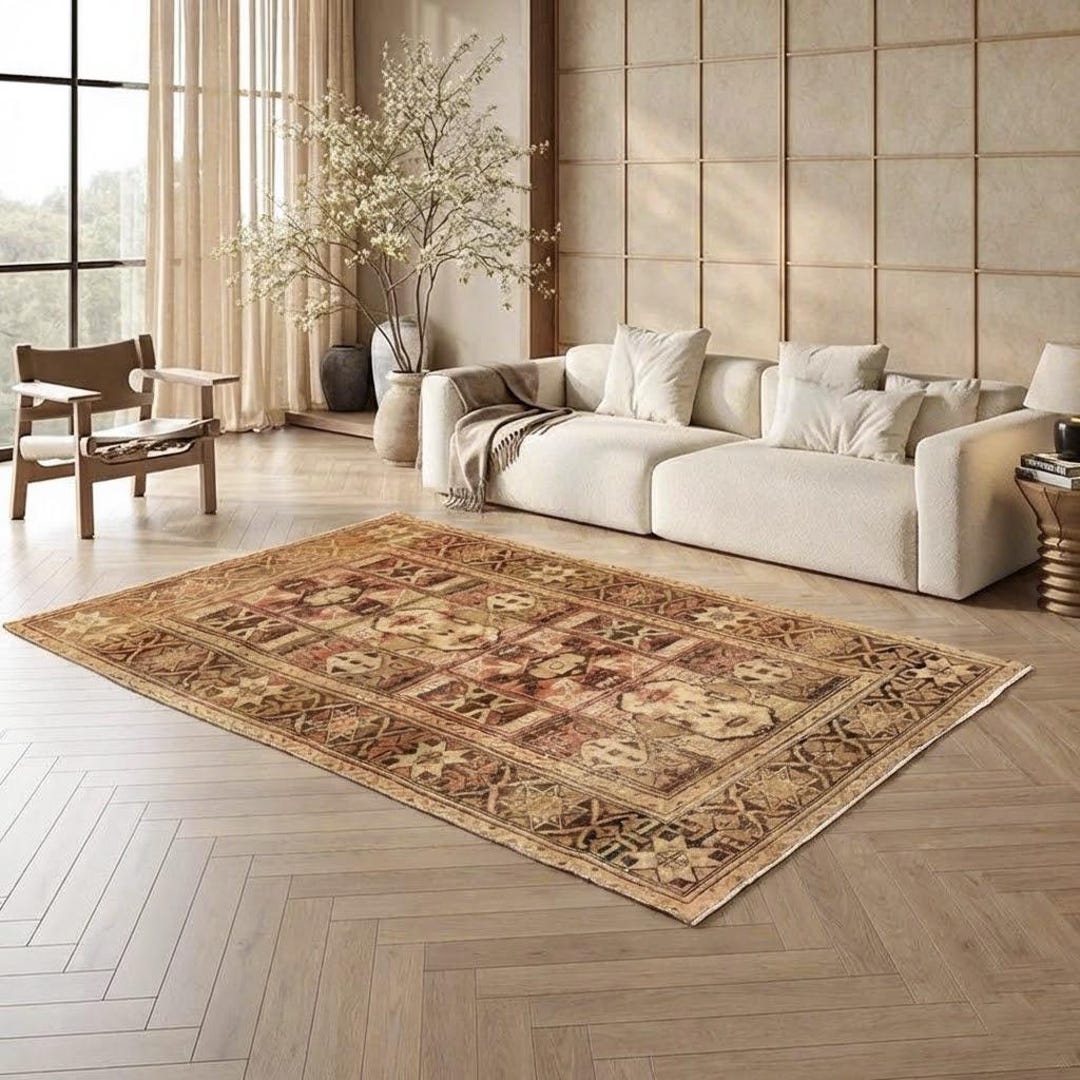 Brown Turkish Area Rug, Muted Earth Tone Panel Pattern Wool Carpet ...