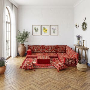 Vibrant Red Corner Floor Couch | Modular Patterned Arabic Majlis Set