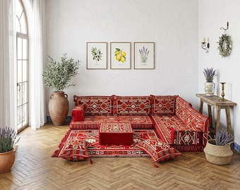 Sofá esquinero rojo vibrante / Conjunto modular de estilo árabe Majlis