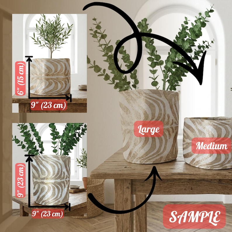 The image is a collage of three photos showing different sizes of potted plants in various vases. The largest potted plant is labeled as a "Large" plant, and the medium-sized plant is labeled as a "Medium" plant. The smallest potted plant is labeled as a "Small" plant. The photos are arranged on a wooden table, and there are arrows pointing to the different sizes of the plants to indicate their relative sizes.