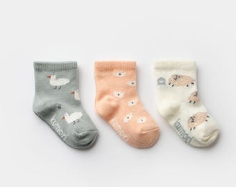 Baby Girl Sock Set – 3-Pack Organic Cotton with Minty Duck, Poppy & Fluffy Sheep Prints | Soft Patterned Socks for Up to 12 Months
