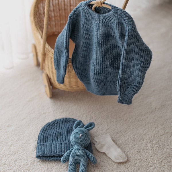 Navy Gift Set for Baby | Winter Baby | Oversized Sweater | Bunny Crochet Toy | Baby Socks | Seasonal Baby Gift Set | Knitted Beanie