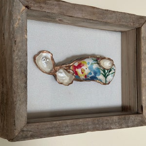 Colorful Decoupage Oyster Shell Driftwood and Glass Shadow Box Wall Hanging