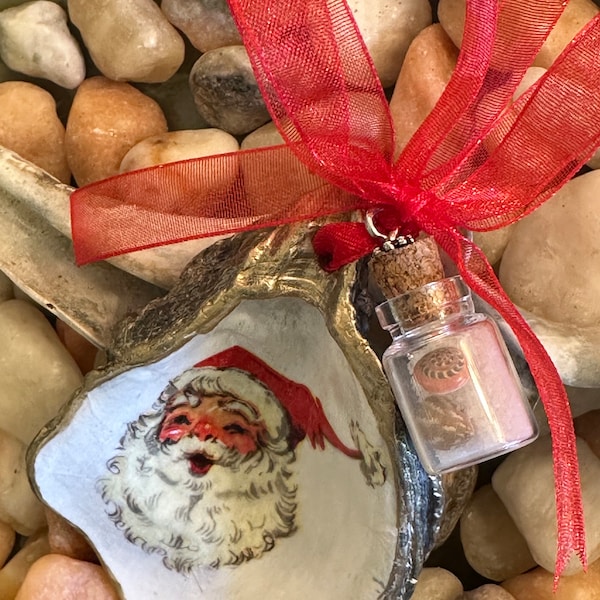 Classic Santa Decoupage Oyster Shell with Miniature Shells and Sand in a Bottle Ornament, Wine Bottle Charm or Wall/Door Hanging