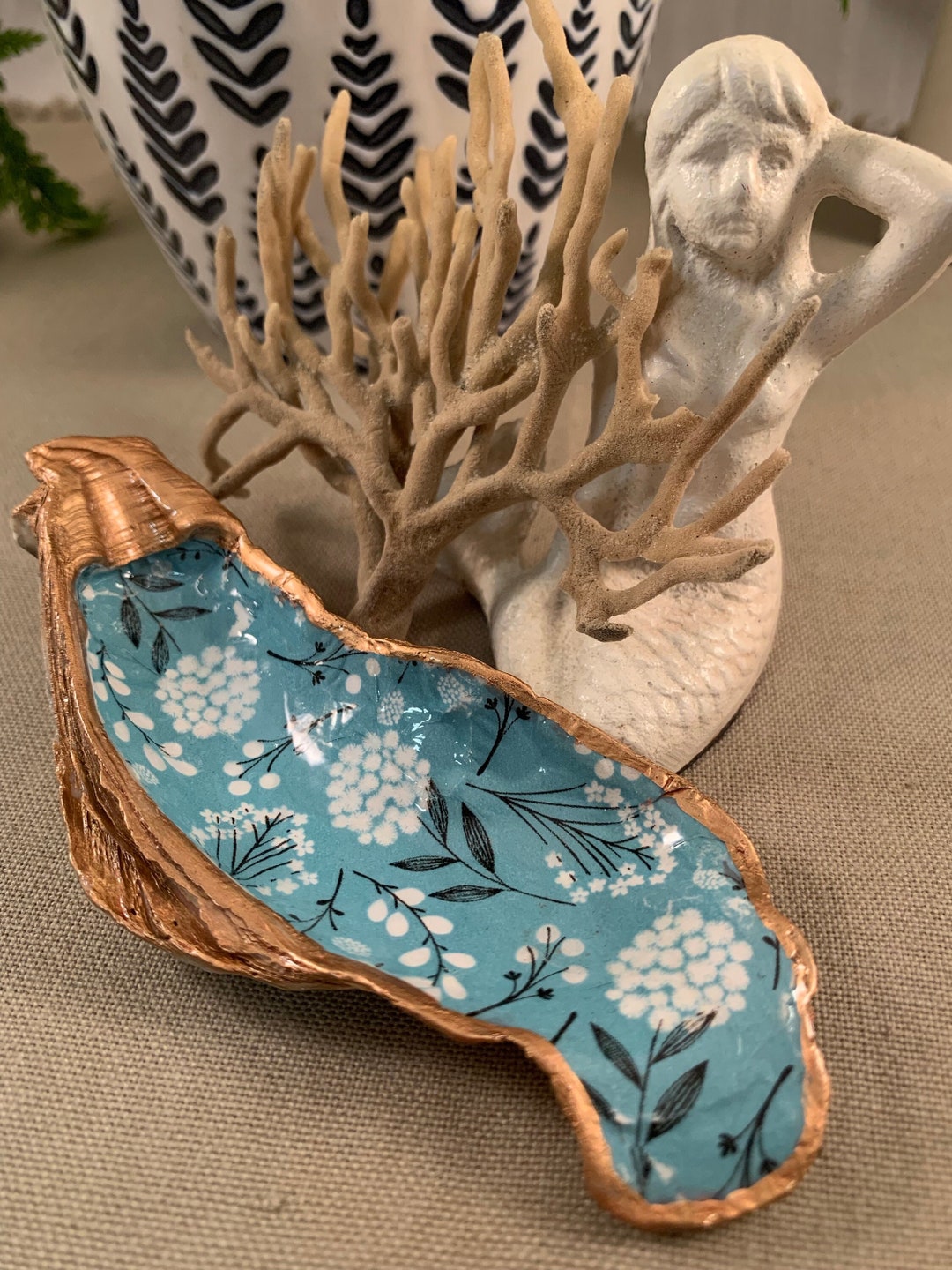 Unique Hand Crafted Blue Floral Print Decoupage Sea Shell Trinket Dish ...