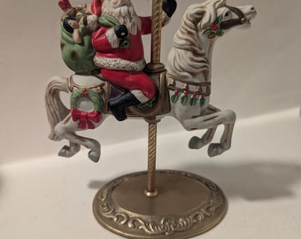 Vintage Homco Brass and Ceramic Santa Claus On Carousel Horse