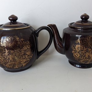Vintage Chocolate Brown Teapots With Golden Floral Design