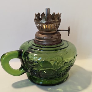 Vintage Hong Kong Green Glass Finger Loop Oil Lamp No Chimney