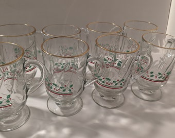 Set of 8 Gold Trim Holly and Berry Libbey Christmas Mugs