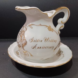 Lefton Fine China Golden Wedding Anniversary Pitcher in Basin Set