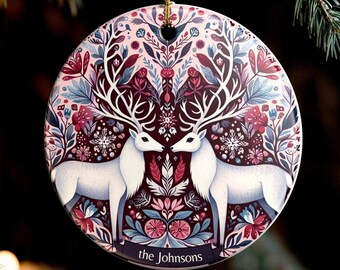 Scandinavian Folk Art Deer Ceramic Christmas Ornament: Hygge Holiday Decor