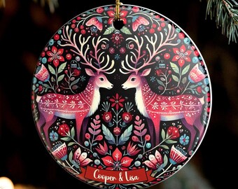 Nordic Personalized Folk Art Christmas Ornament: Ceramic Stag Reindeer - Single and Double-sided