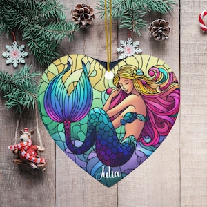 Personalized Mermaid Christmas Ornament: Faux Stained Glass Ariel