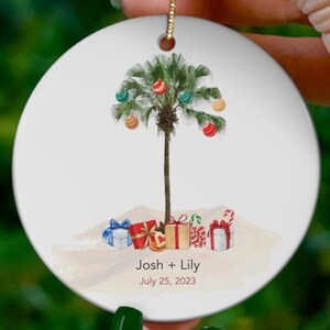 Personalized Palm Tree Ornament, Couples Gift, First Christmas Keepsake, Beach Coastal Ornament, Round Ceramic, Tropical Ornament