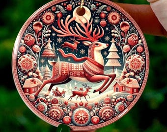 Scandinavian Reindeer Ornament: Christmas Folk Art Ceramic - Single and Double-sided