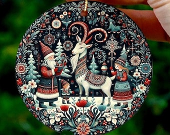Custom Scandinavian Yule Goat Ceramic Christmas Ornament: Swedish Folk Art - Single and Doubled-Sided Ornament